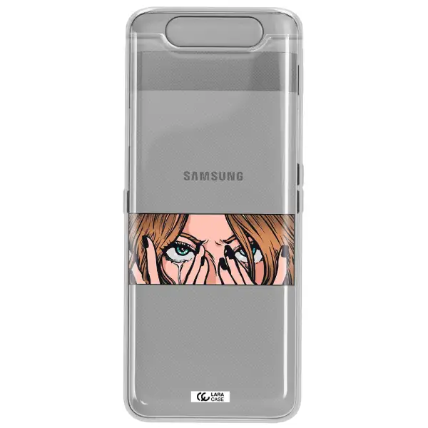 a cartoon of a woman holding her eyes Samsung A80 Clear TPU Case