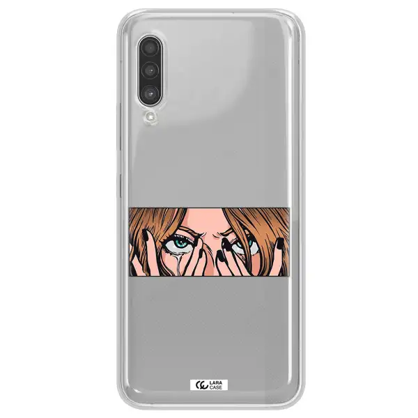 a cartoon of a woman holding her eyes Samsung A90 Clear TPU Case