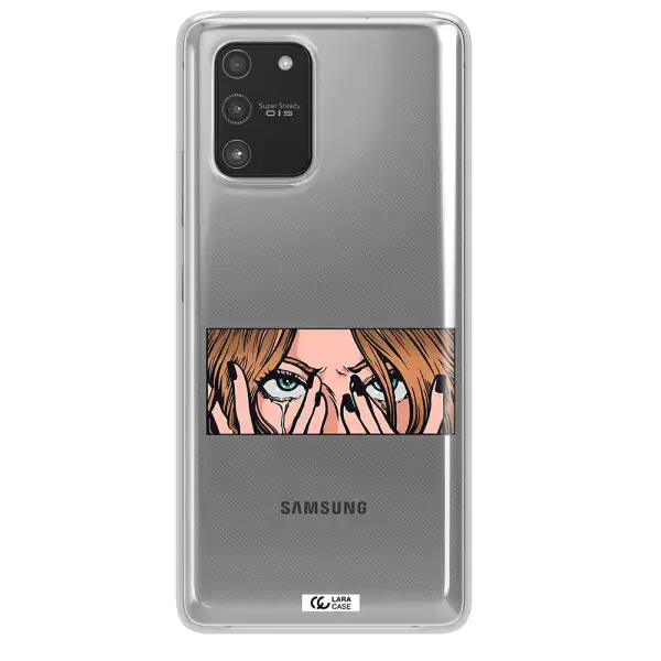 a cartoon of a woman holding her eyes Samsung A91 Clear TPU Case