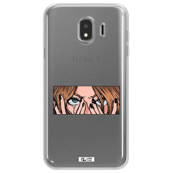 a cartoon of a woman holding her eyes Samsung J4 Clear TPU Case