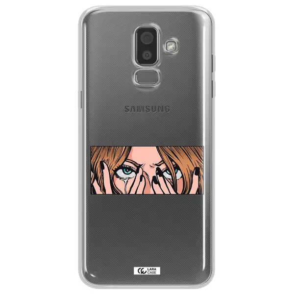 a cartoon of a woman holding her eyes Samsung J8 Clear TPU Case