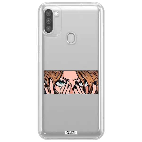 a cartoon of a woman holding her eyes Samsung M11 Clear TPU Case
