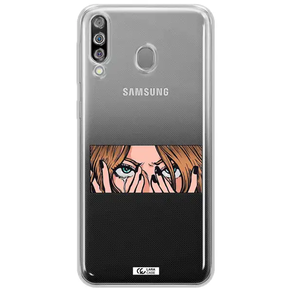 a cartoon of a woman holding her eyes Samsung M30 Clear TPU Case