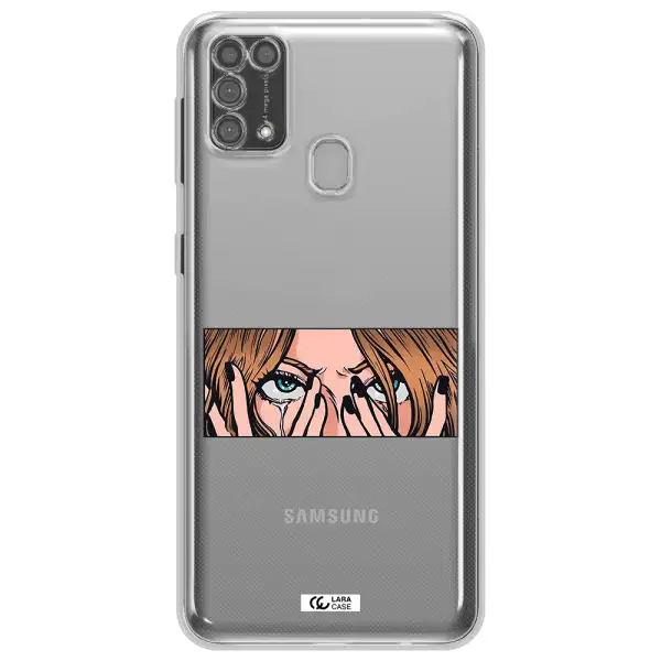 a cartoon of a woman holding her eyes Samsung M31 Clear TPU Case