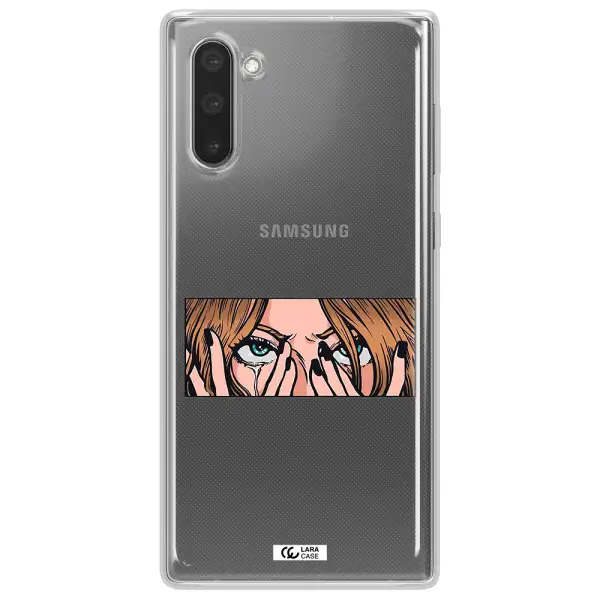 a cartoon of a woman holding her eyes Samsung Note 10 Clear TPU Case