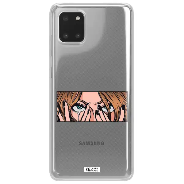a cartoon of a woman holding her eyes Samsung Note 10 Lite Clear TPU Case