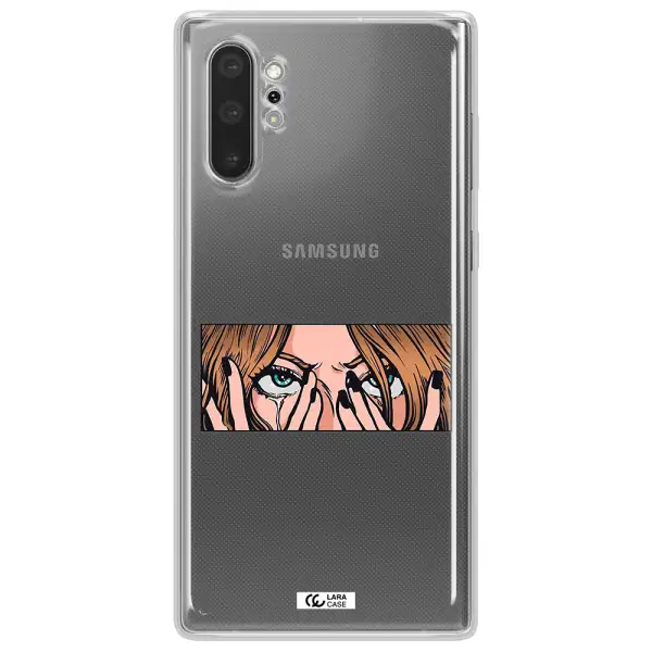 a cartoon of a woman holding her eyes Samsung Note 10 Plus Clear TPU Case