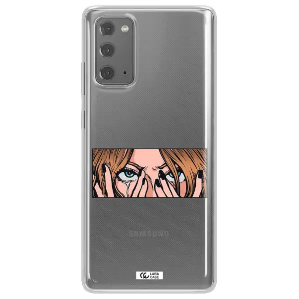 a cartoon of a woman holding her eyes Samsung Note 20 Clear TPU Case