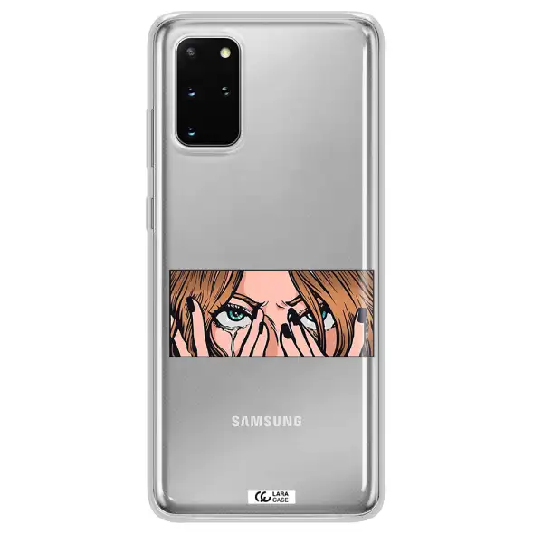 a cartoon of a woman holding her eyes Samsung S 20 Plus Clear TPU Case