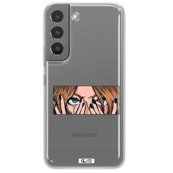 a cartoon of a woman holding her eyes Samsung S 22 Plus Clear TPU Case