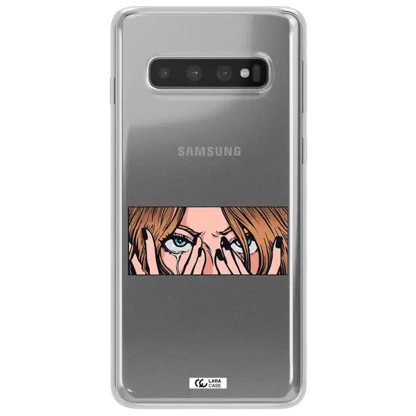 a cartoon of a woman holding her eyes Samsung S10 Clear TPU Case