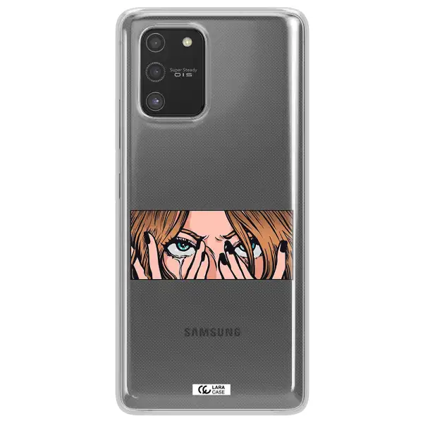 a cartoon of a woman holding her eyes Samsung S10 Lite Clear TPU Case