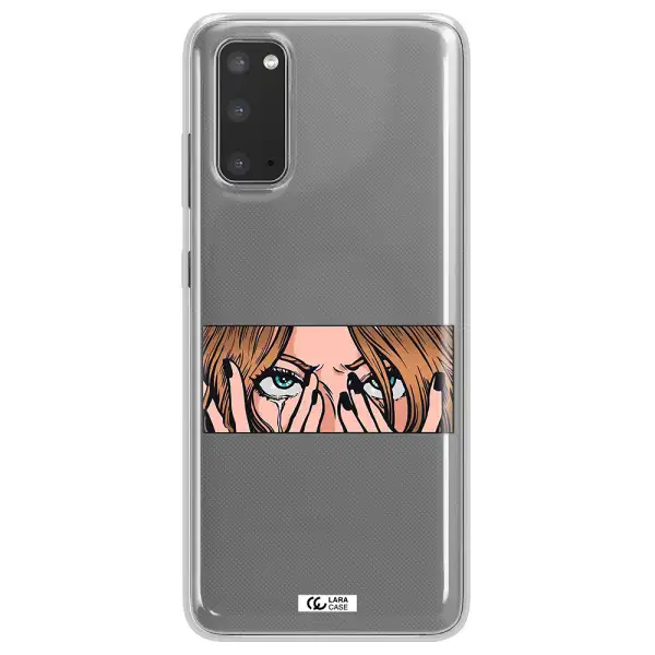 a cartoon of a woman holding her eyes Samsung S20 Clear TPU Case