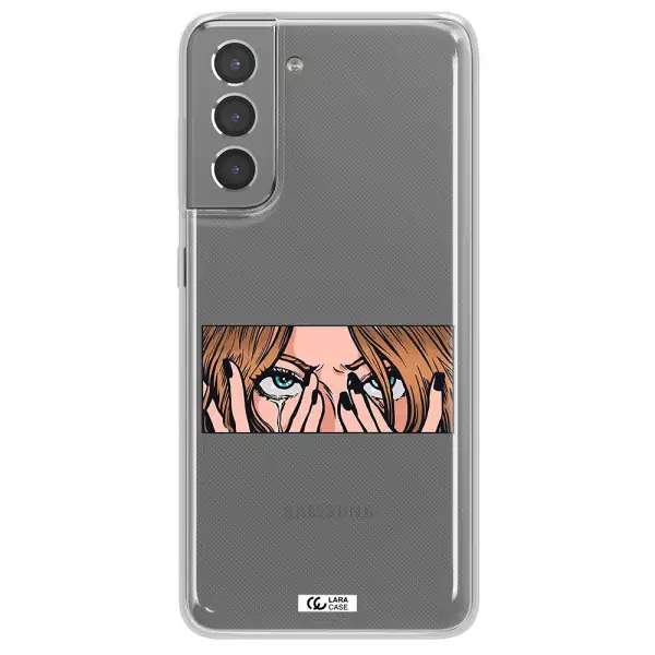 a cartoon of a woman holding her eyes Samsung S21 Plus Clear TPU Case