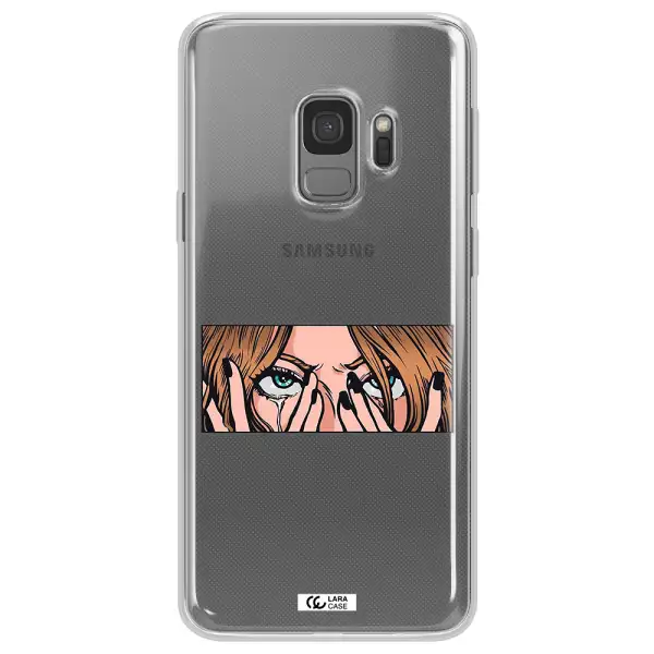 a cartoon of a woman holding her eyes Samsung S9 Clear TPU Case
