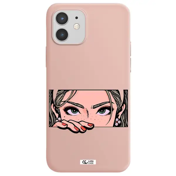 a cartoon of a woman's face Apple iPhone 12 Silicone pastel pink Case