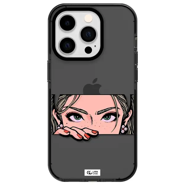 a cartoon of a woman's face Apple iPhone 14 pro impact Smoke Black Case