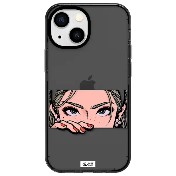 a cartoon of a woman's face Apple iPhone 15 impact Smoke Black Case