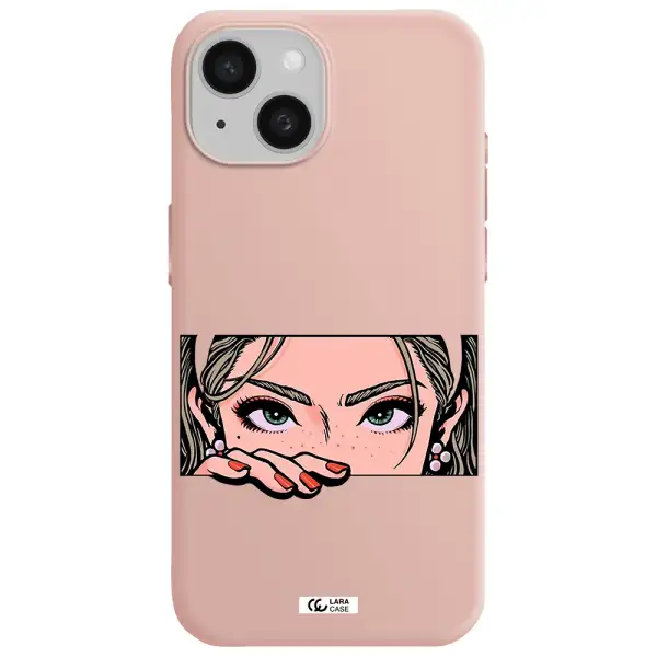 A Cartoon Of A Woman's Face Apple Iphone 15 Silicone Pastel Pink Case