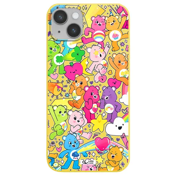 a pattern of cartoon bears Apple iPhone 14 Silicone canary yellow Case