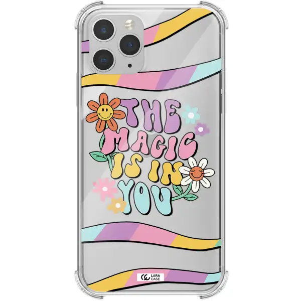 a cartoon text with flowers Apple iPhone 11 pro max Clear PC Case