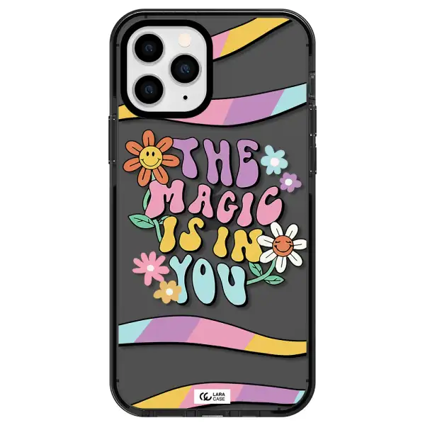 a cartoon text with flowers Apple iPhone 11 pro max impact Smoke Black Case