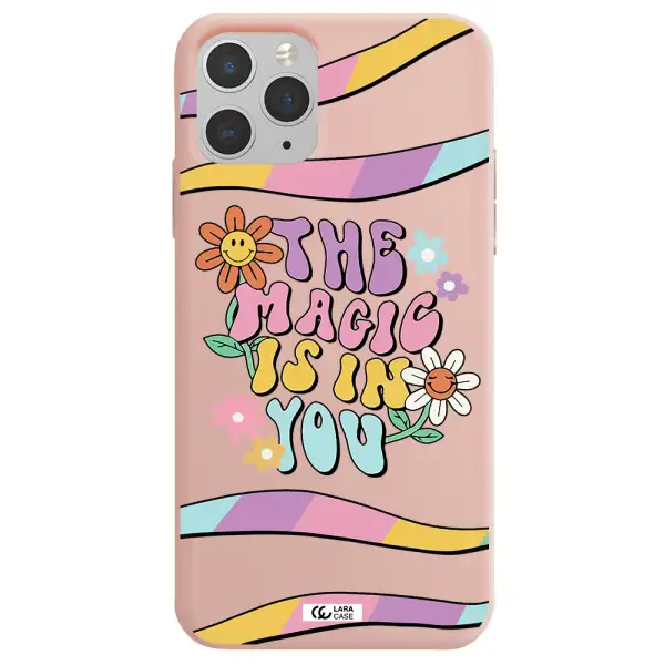 a cartoon text with flowers Apple iPhone 11 pro max Silicone pastel pink Case