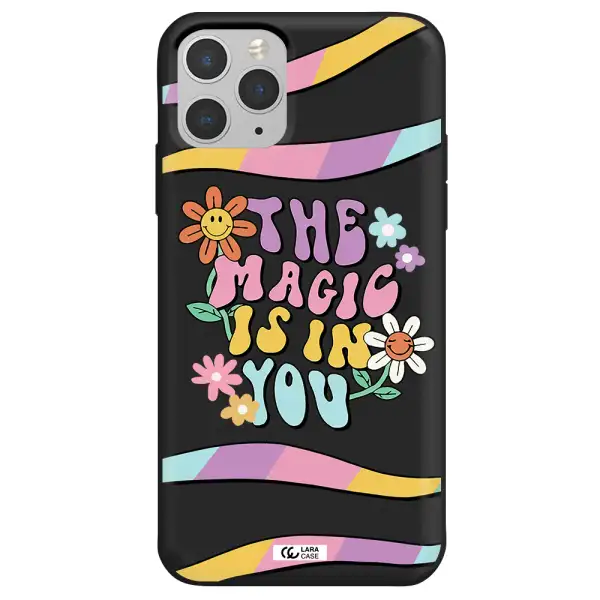 a cartoon text with flowers Apple iPhone 11 pro Silicone black Case