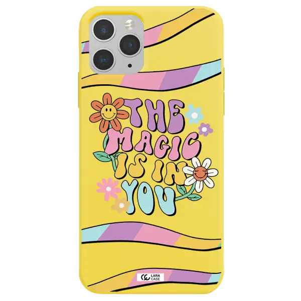 a cartoon text with flowers Apple iPhone 11 pro Silicone canary yellow Case