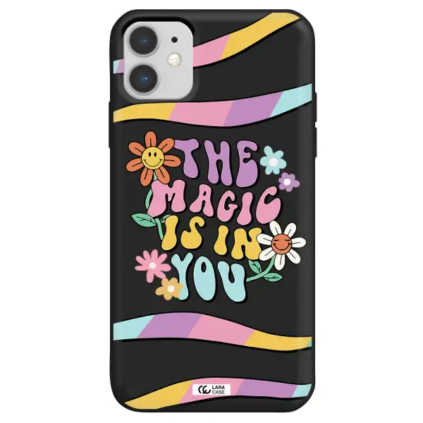 a cartoon text with flowers Apple iPhone 11 Silicone black Case