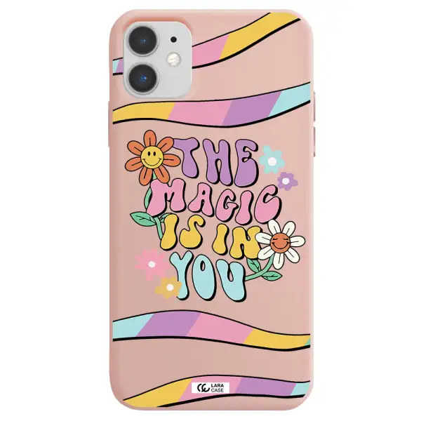 a cartoon text with flowers Apple iPhone 11 Silicone pastel pink Case