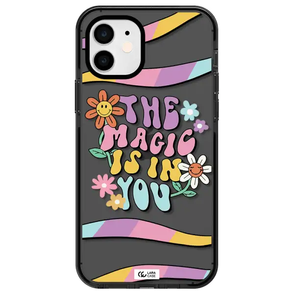 a cartoon text with flowers Apple iPhone 12 impact Smoke Black Case