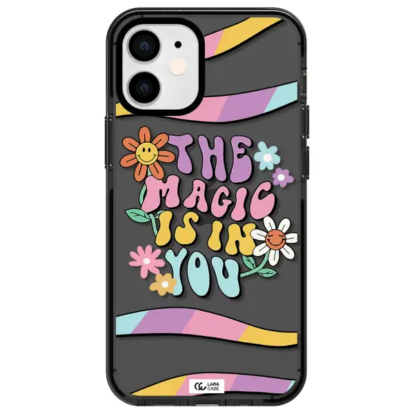 a cartoon text with flowers Apple iPhone 12 mini impact Smoke Black Case