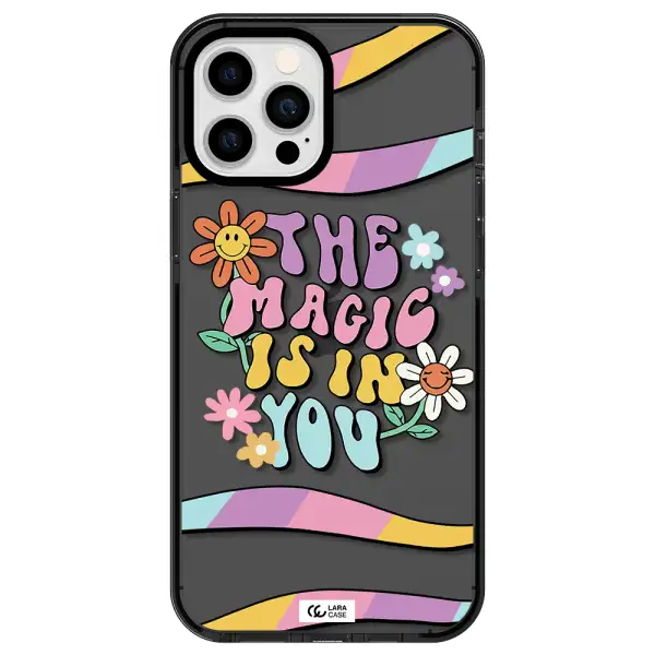 a cartoon text with flowers Apple iPhone 12 pro max impact Smoke Black Case