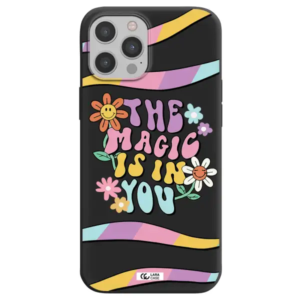a cartoon text with flowers Apple iPhone 12 pro Silicone black Case