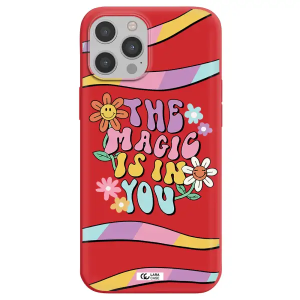 a cartoon text with flowers Apple iPhone 12 pro Silicone Imperial Red Case