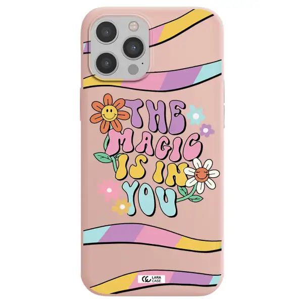 a cartoon text with flowers Apple iPhone 12 pro Silicone pastel pink Case