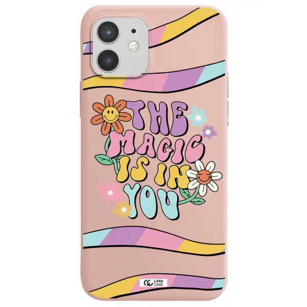 a cartoon text with flowers Apple iPhone 12 Silicone pastel pink Case
