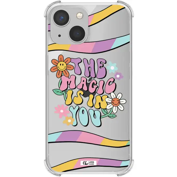 a cartoon text with flowers Apple iPhone 13 Clear PC Case