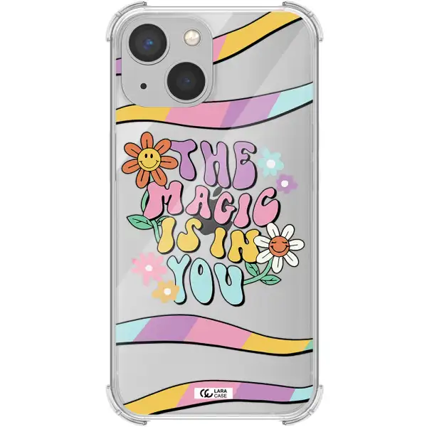 a cartoon text with flowers Apple iPhone 13 mini Clear PC Case
