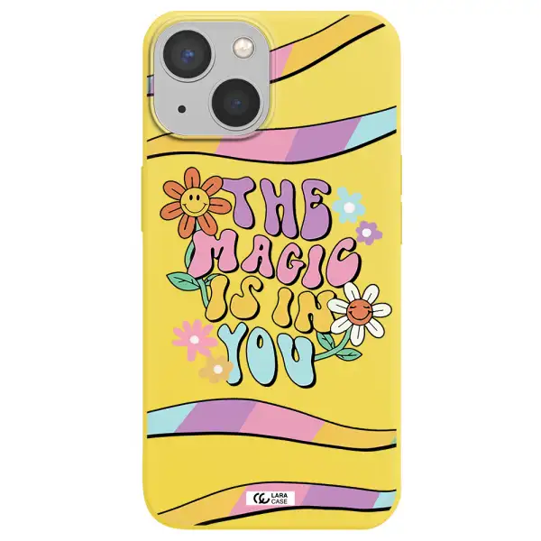 a cartoon text with flowers Apple iPhone 13 mini Silicone canary yellow Case