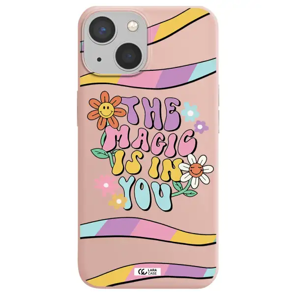 a cartoon text with flowers Apple iPhone 13 mini Silicone pastel pink Case