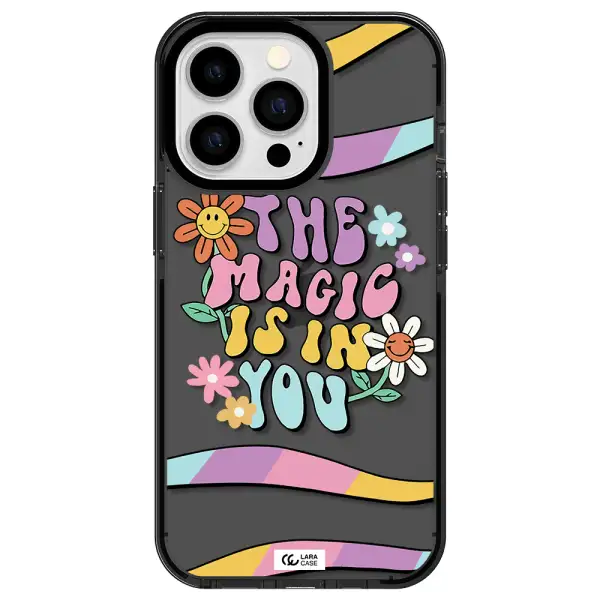 a cartoon text with flowers Apple iPhone 13 Pro impact Smoke Black Case