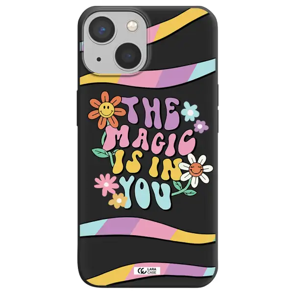 a cartoon text with flowers Apple iPhone 13 Silicone black Case