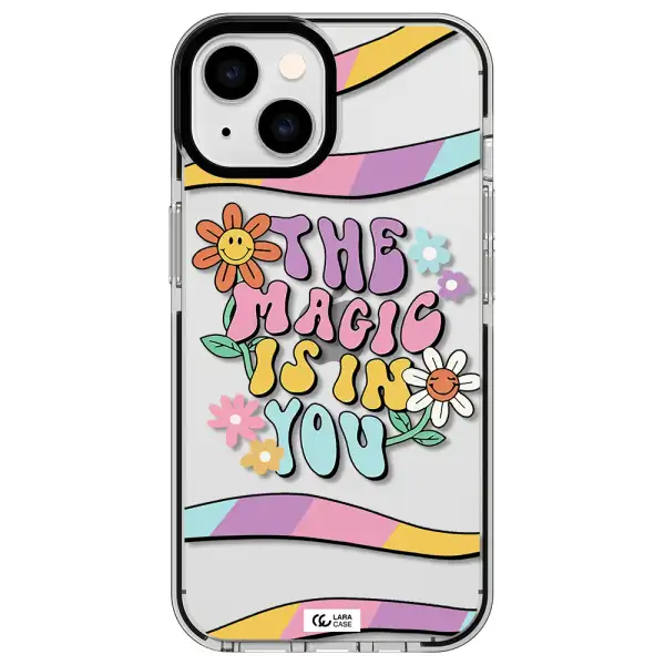 a cartoon text with flowers Apple iPhone 14 impact black border Case