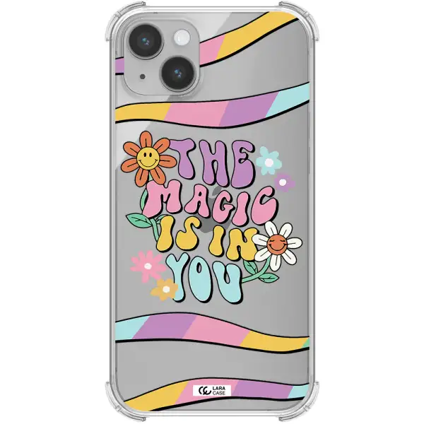 a cartoon text with flowers Apple iPhone 14 plus Clear PC Case