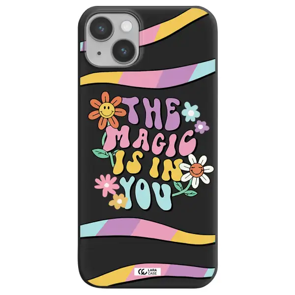 a cartoon text with flowers Apple iPhone 14 plus Silicone black Case