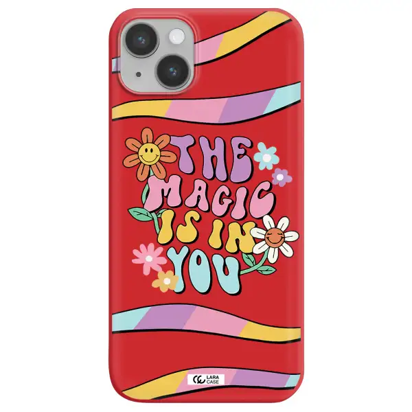 a cartoon text with flowers Apple iPhone 14 plus Silicone Imperial Red Case