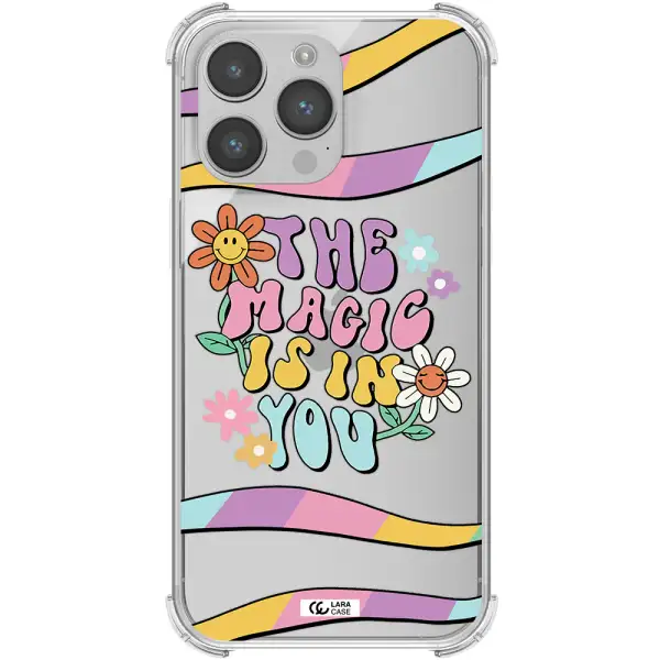 a cartoon text with flowers Apple iPhone 14 pro Clear PC Case