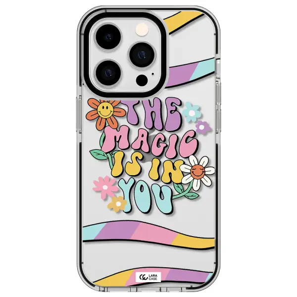 a cartoon text with flowers Apple iPhone 14 pro impact black border Case